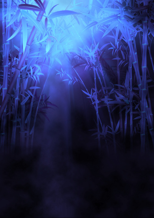 Green bamboo trees with leaves inside the forest landscape.の写真素材