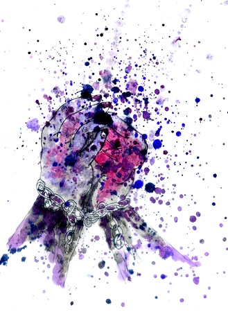 Grunge illustration of human hands with chains, colorful inks.の写真素材