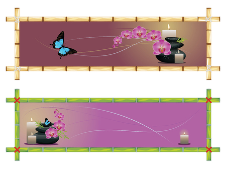 Black pebbles pile, zen stones heap with flower and bamboo banners on white background.のイラスト素材
