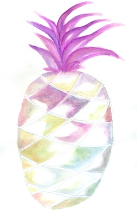 Stylized pineapple painted in watercolors, hand drawn illustrationの写真素材