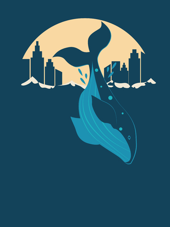 Retro marine themed illustration with whale silhouette in the ocean and city, minimalist style.のイラスト素材