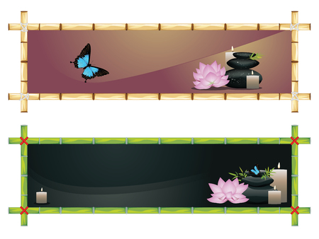 Black pebbles pile, zen stones heap with flower and bamboo banners on white background.のイラスト素材