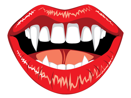 Red smiling vampire lips with fangs on white background.のイラスト素材