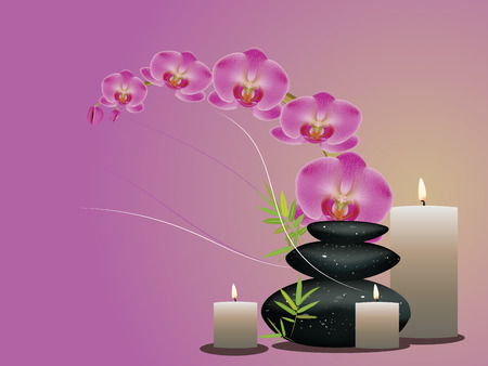 Black zen stones in a pile with orchid flowers.のイラスト素材
