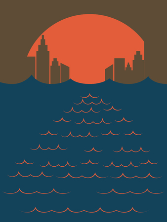 Minimalist style poster of city in the ocean at sunset, vintage illustration.のイラスト素材