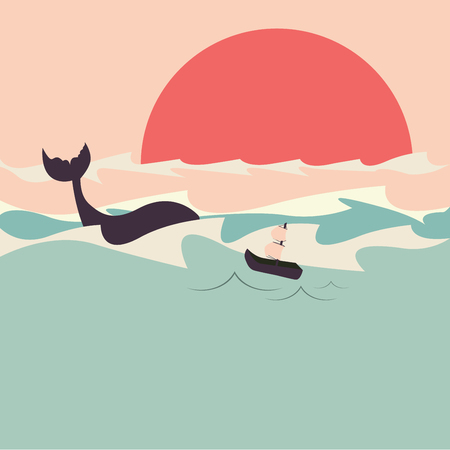 Retro marine themed illustration with whale silhouette in the ocean and boat, minimalist style.のイラスト素材