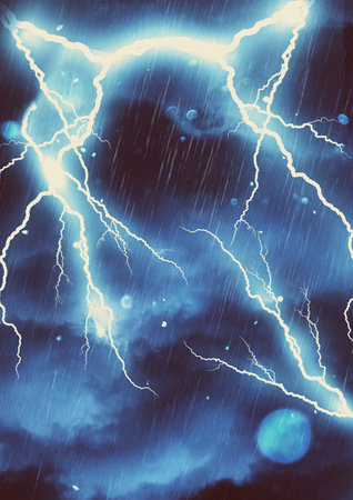 Lightnings and heavy rain texture over dark blue cloudy background.