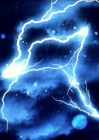 Lightnings and heavy rain texture over dark blue cloudy background.の写真素材