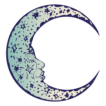 Modern tattoo of sleeping crescent moon design on white.のイラスト素材