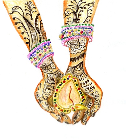 Indian festival of lights, Diwali traditional candles greeting card in watercolors.の写真素材