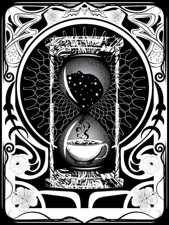 Vintage hourglass, cup of hot coffee and human head silhouette, awakeness concept.のイラスト素材