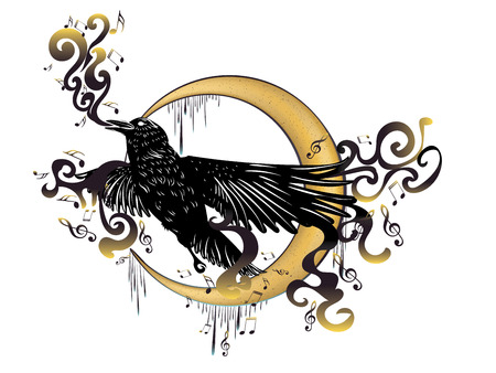 Stylized crow with music notes surrounded by black smoke.のイラスト素材