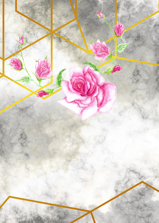 Invitation design with watercolor flower over marble with gold geometric lines.の写真素材