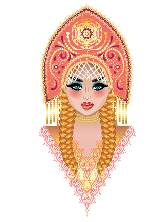 Fashion blonde girl with braids wears native russian headdress kokoshnik design.のイラスト素材