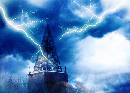 Distressed old brick tower during thunderstorm, dramatic illustration.
