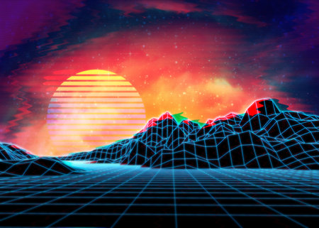 Neon glowing grid rocks, retro futuristic landscape design.