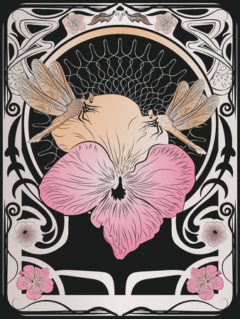 Decorative petunia flower with dragonfly, vintage ornamental frame.のイラスト素材