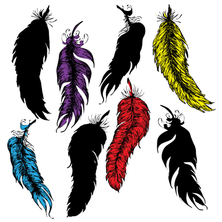 Stylized grunge feathers silhouettes illustration on white.のイラスト素材