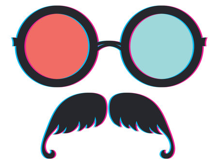 Party eyeglasses with moustache, retro anaglyph effect design.