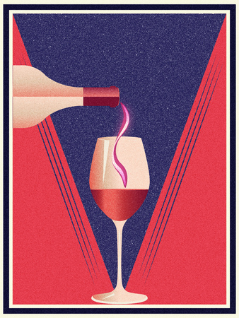 Minimalist style poster with glass and bottle of wine grunge design.の写真素材