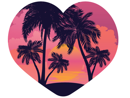 Palm trees on tropical island landscape in a heart, sunrise or sunset background.のイラスト素材