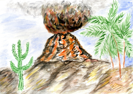 Hand drawn landscape with volcano eruption watercolor illustration.の写真素材