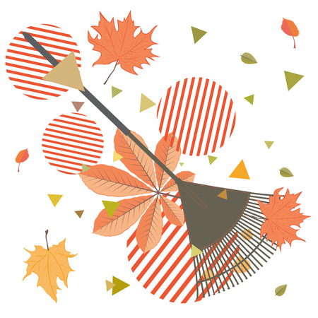 Autumn fallen leaves with rake design illustration.のイラスト素材