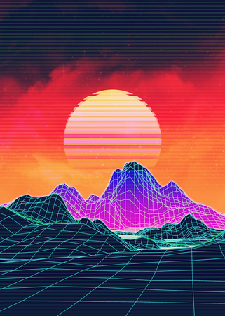 Neon glowing grid rocks, retro futuristic landscape design.の写真素材