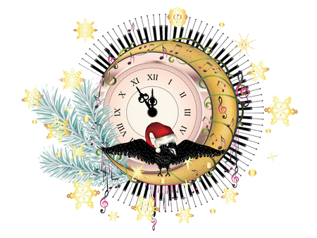 Vintage style clock with crow, crescent moon, fir tree branch and music notes design.のイラスト素材