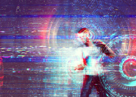 3D rendered man in VR glasses with grunge glitch texture, abstract tech background. 3d illustration.の写真素材