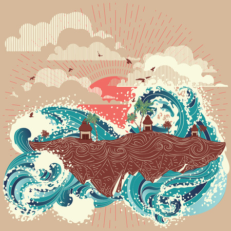 Vintage style poster with big waves and tropical island with houses and palm trees.のイラスト素材