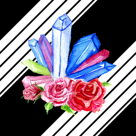 Watercolor rock crystals with roses over black stripes geometric floral background.の写真素材
