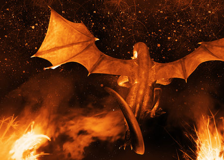 Digital rendered dragon with flame abstract 3d illustration background.の写真素材