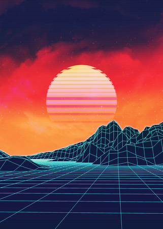 Neon glowing grid rocks, retro futuristic landscape design.の写真素材