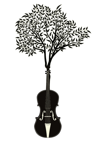 Vintage violin silhouette with tree branches illustration.のイラスト素材