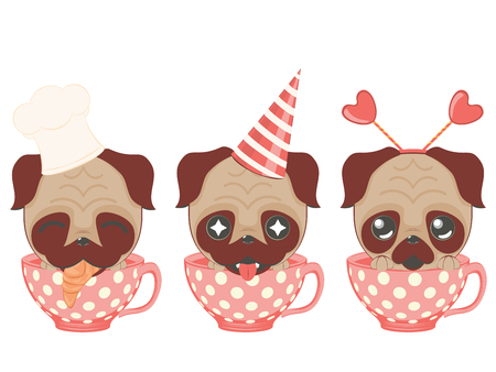 Cartoon kawaii pug in a retro cup design.のイラスト素材