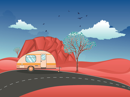 Vintage camping trailer on the road in the red desert landscape.のイラスト素材