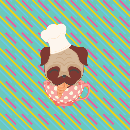 Cartoon kawaii pug in a retro cup design.のイラスト素材