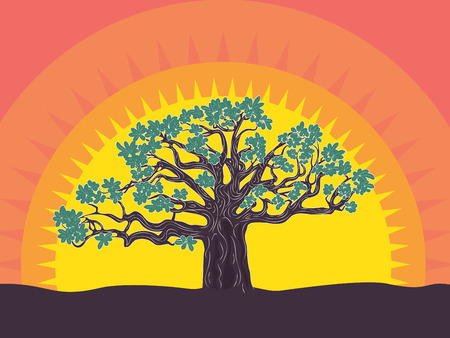 Stylized silhouette of big tree at the sunset landscape background.のイラスト素材