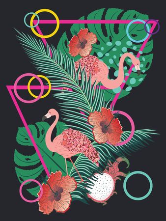Cute cartoon pink flamingo with tropical leaves and fruits design illustration.のイラスト素材