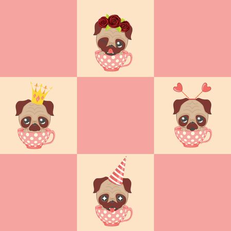 Cartoon kawaii pug in a retro cup design.のイラスト素材