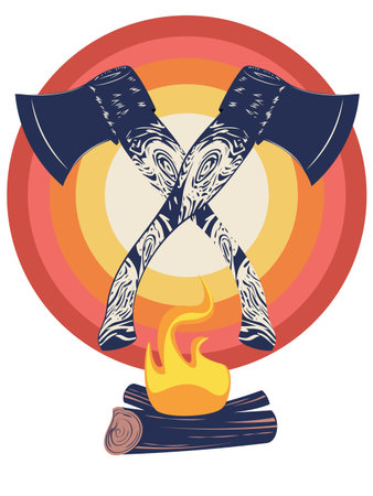 Grunge design of two crossed axes and campfire, retro style illustration.のイラスト素材