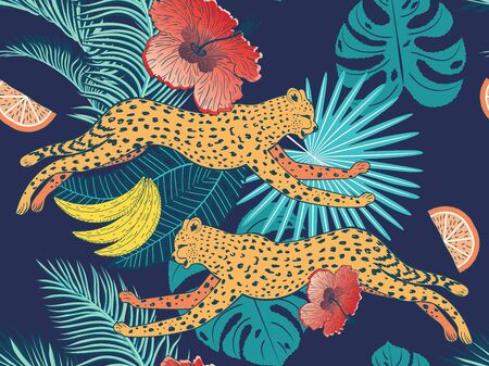 Running cheetah with tropical fruits and leaves design.のイラスト素材