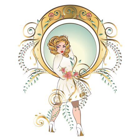 Fashion girl with curly blond hair in vintage white dress with floral ornament illustration.のイラスト素材