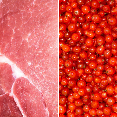 Macro of raw pork slice and fresh red berries, diet, healthy food themed