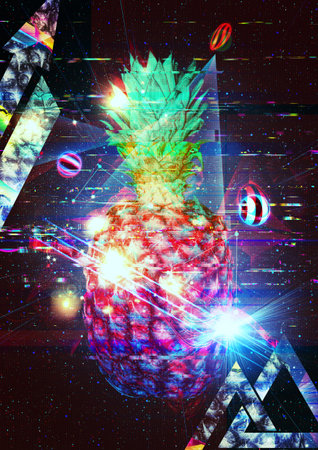 Big cutted pineapple over starry  with geometric elements, distorted glitch effect.