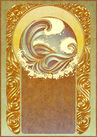 Grunge paper texture background with floral frame and sea waves, art nouveau inspired design.の写真素材