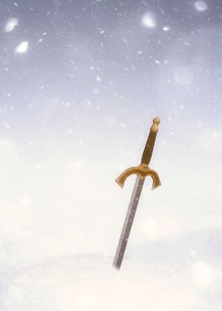 Medieval weapon 3d rendered sword surrounded by the falling snow, fantasy themed illustration.の写真素材