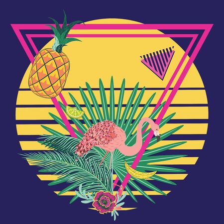 Cute cartoon pink flamingo with tropical leaves and fruits design illustration.のイラスト素材