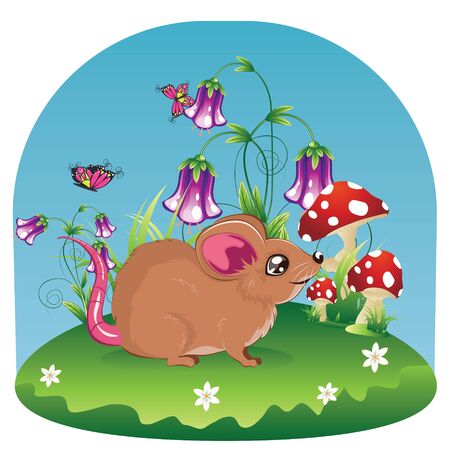 Cute cartoon brown mouse or rat with colorful flowers and leaves.のイラスト素材